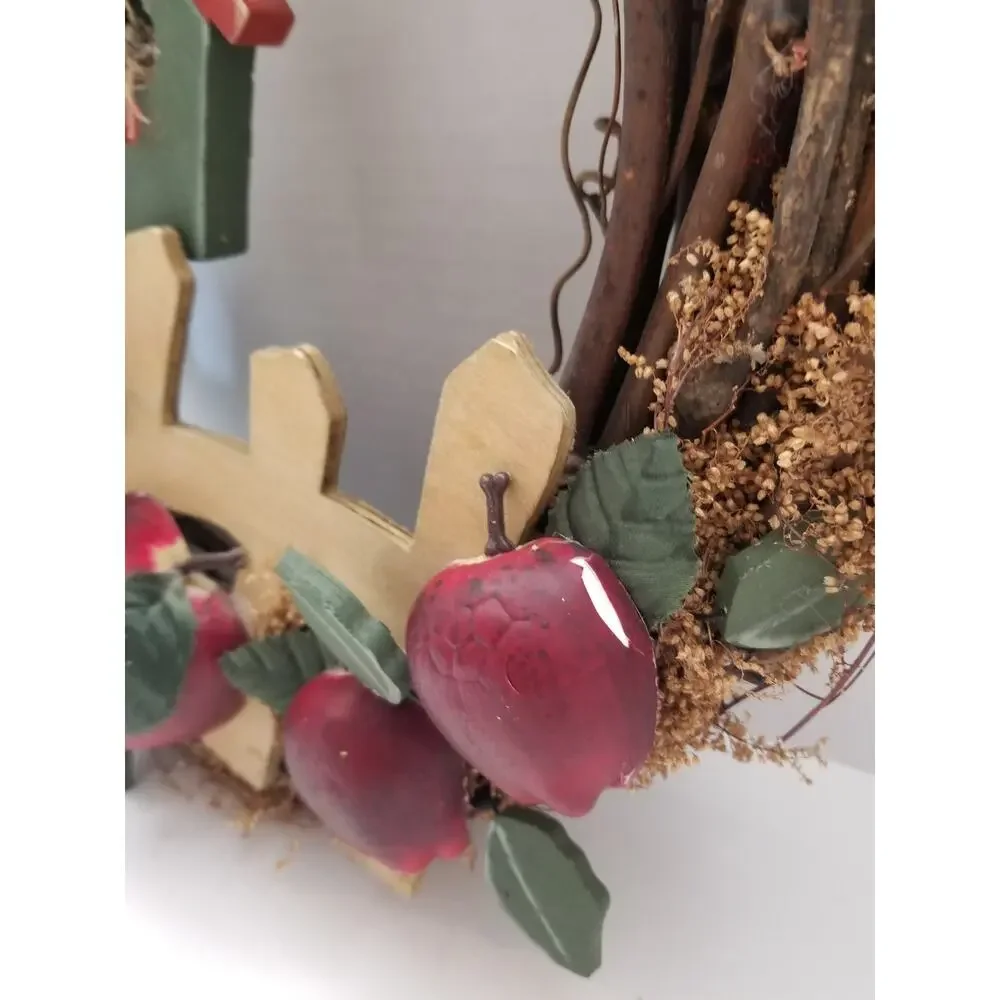 Vtg Handmade Grapevine Greetings Wreath Cottagecore Apples 13
